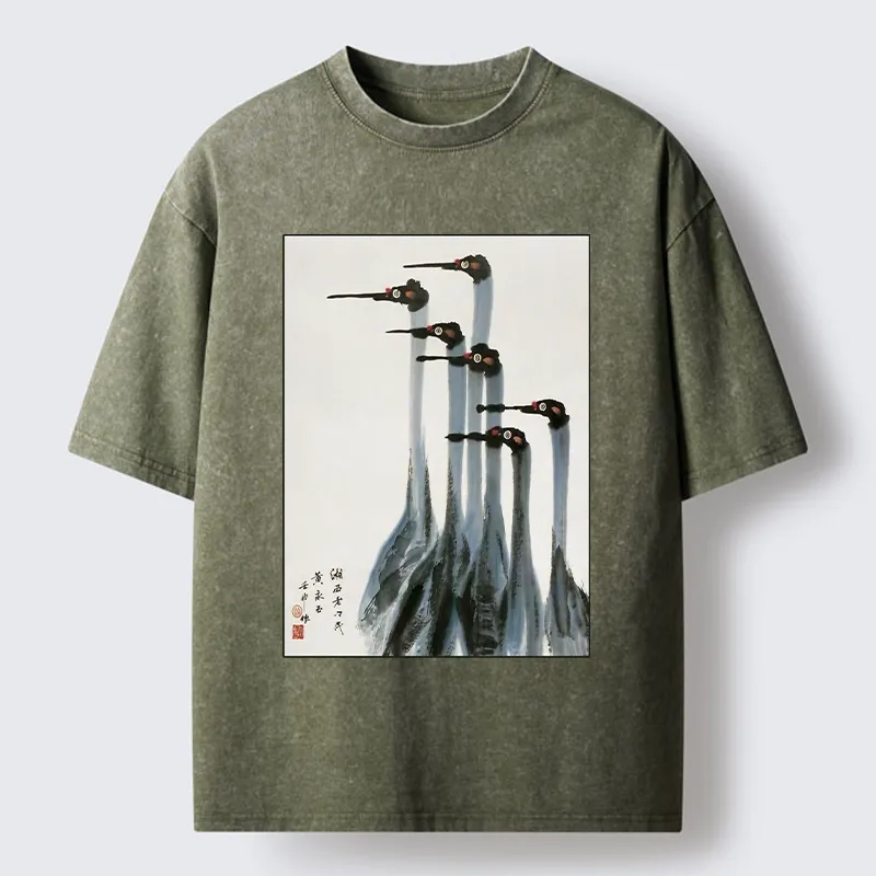 Tokyo-Tiger Retro Crane Painting Washed T-Shirt