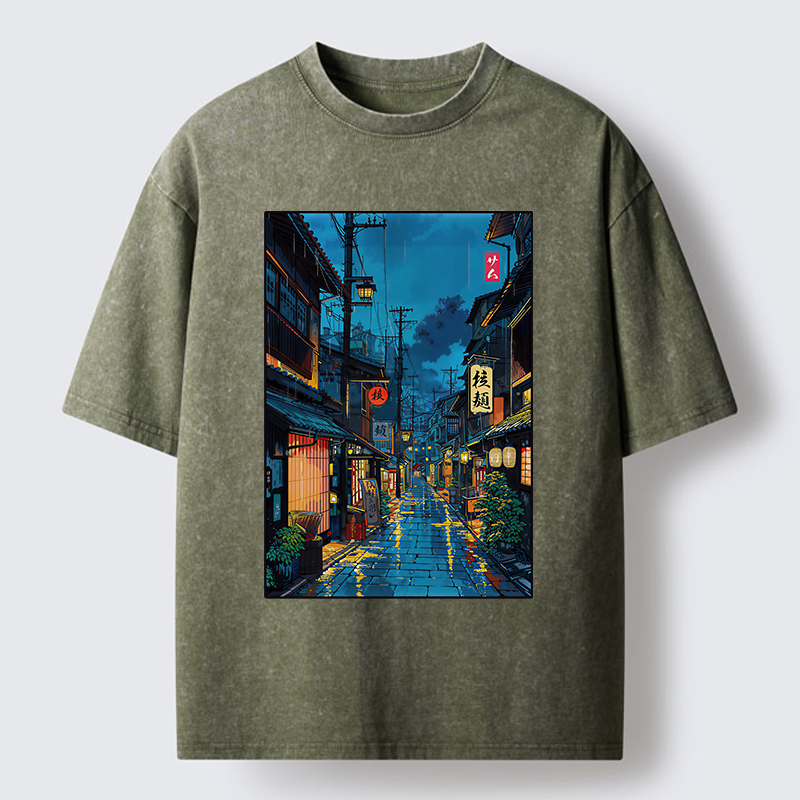 Tokyo-Tiger Japanese Teahouse Street Scene Washed T-Shirt