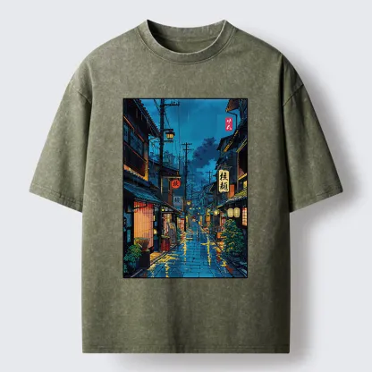 Tokyo-Tiger Japanese Teahouse Street Scene Washed T-Shirt