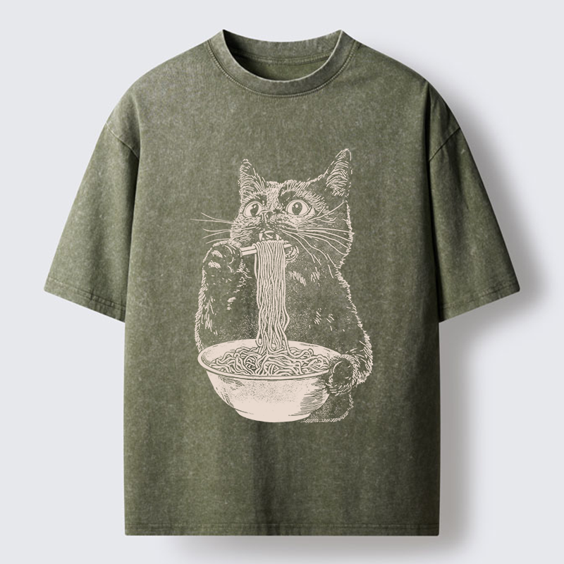 Tokyo-Tiger Black Cat Eats A Large Portion Of Ramen Washed T-Shirt