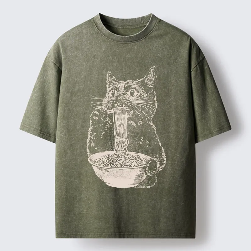 Tokyo-Tiger Black Cat Eats A Large Portion Of Ramen Washed T-Shirt