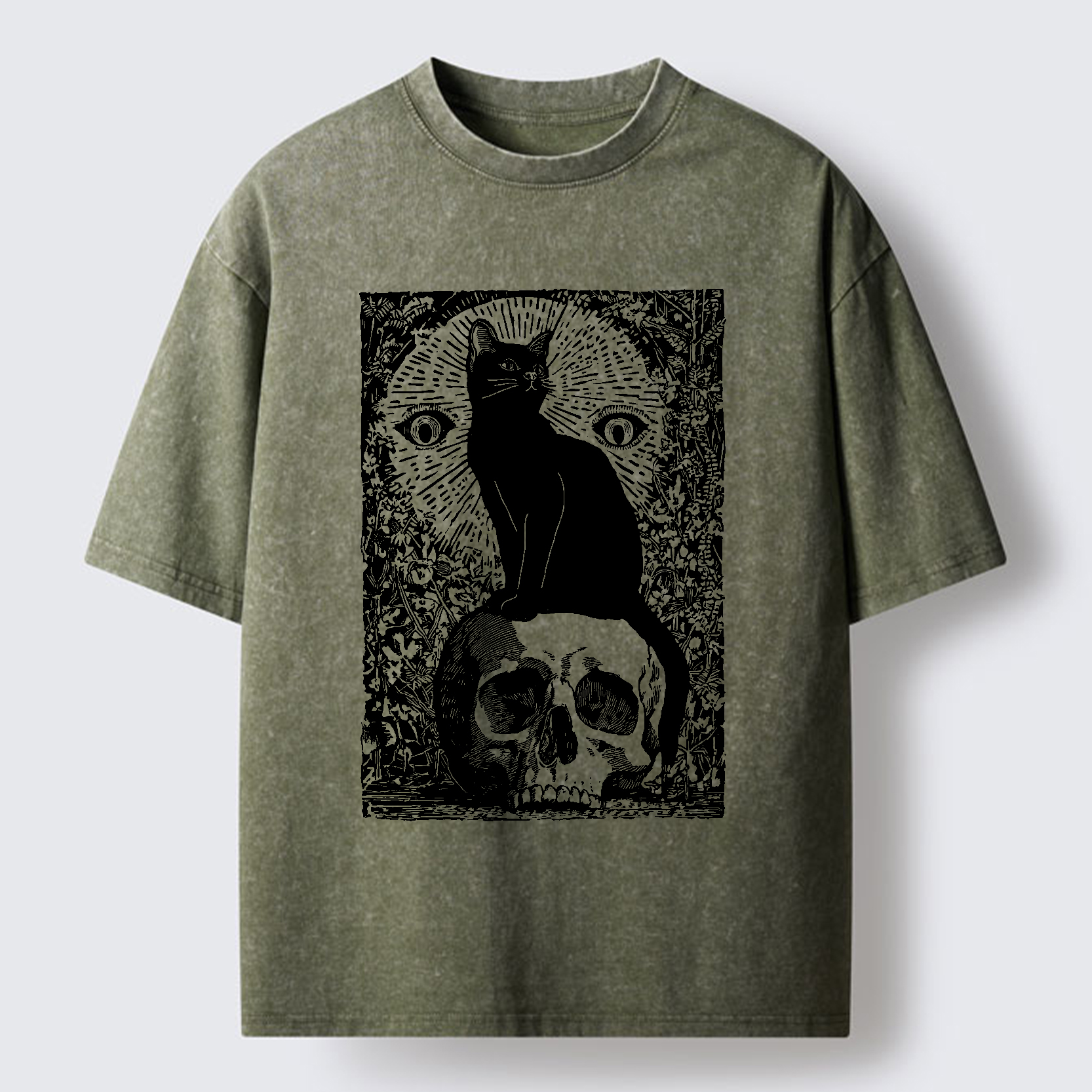 Tokyo-Tiger Black Cat Sitting On the Skull Washed T-Shirt
