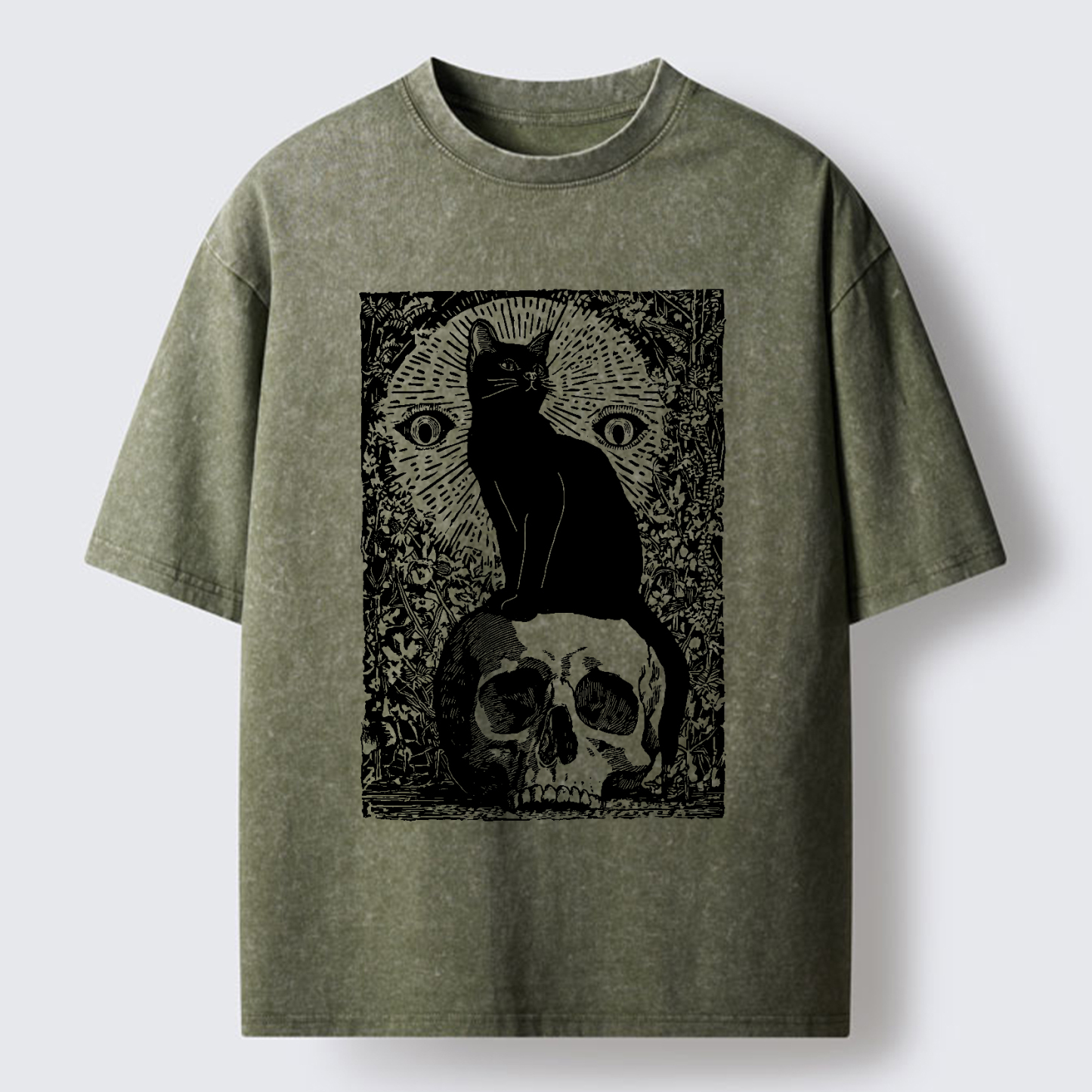 Tokyo-Tiger Black Cat Sitting On the Skull Washed T-Shirt