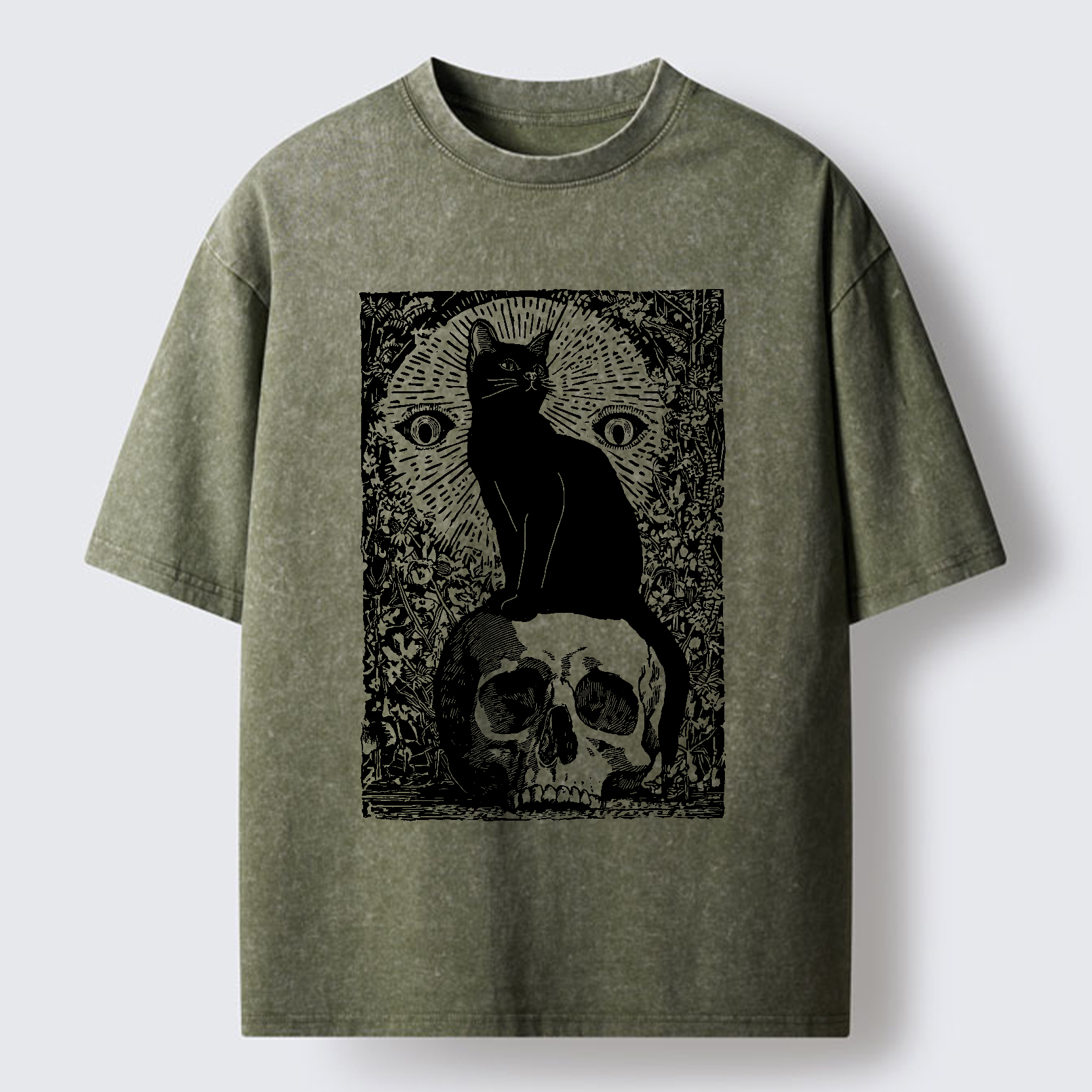 Tokyo-Tiger Black Cat Sitting On the Skull Washed T-Shirt