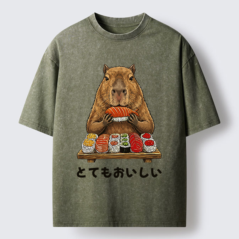 Tokyo-Tiger Capybaras Eat Sushi Washed T-Shirt