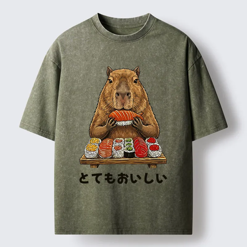 Tokyo-Tiger Capybaras Eat Sushi Washed T-Shirt