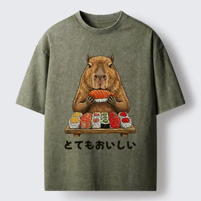 Tokyo-Tiger Capybaras Eat Sushi Washed T-Shirt