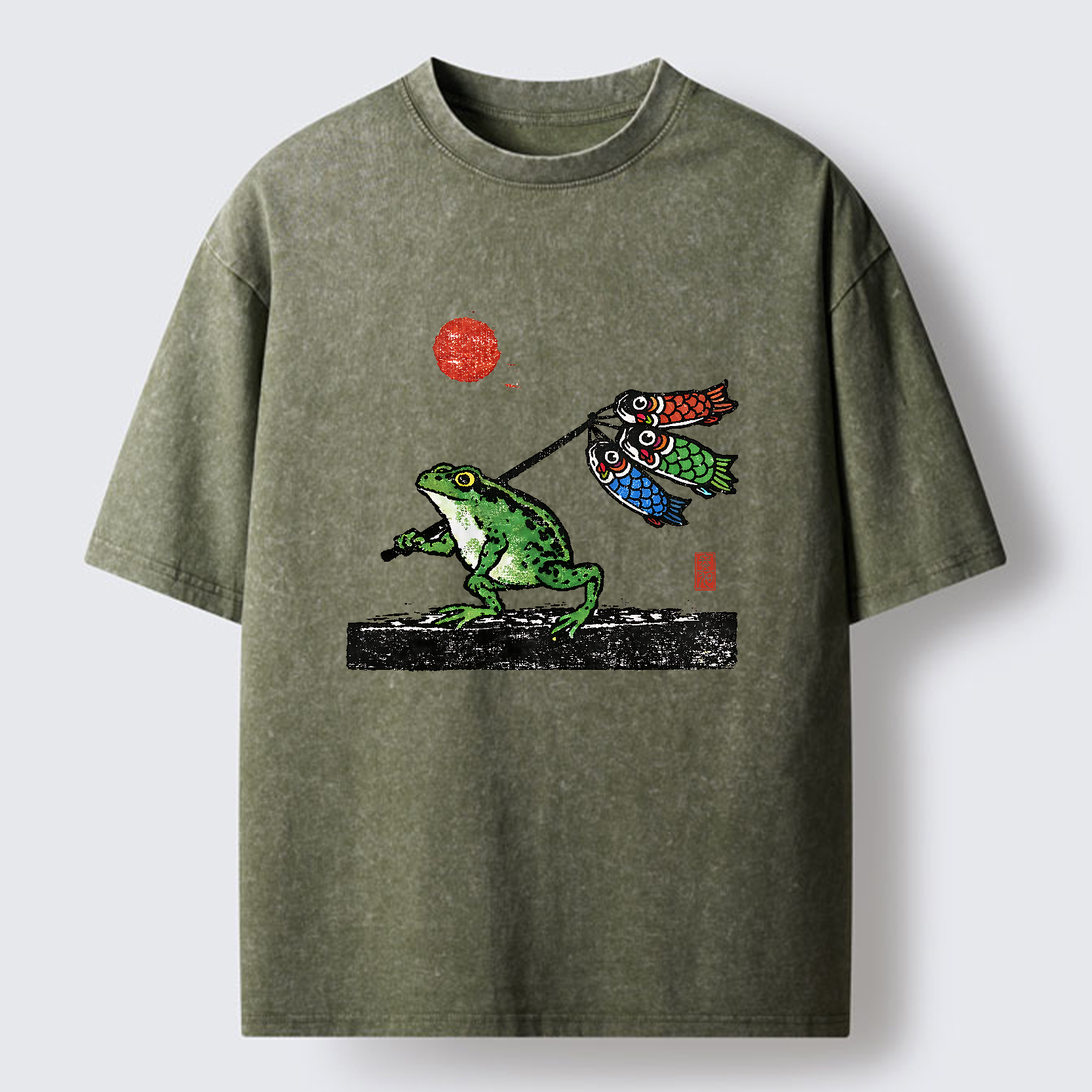 Tokyo-Tiger The Frog Carrying Carp Flags Washed T-Shirt
