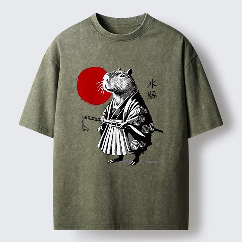 Tokyo-Tiger Capybara Samurai And Sun Washed T-Shirt