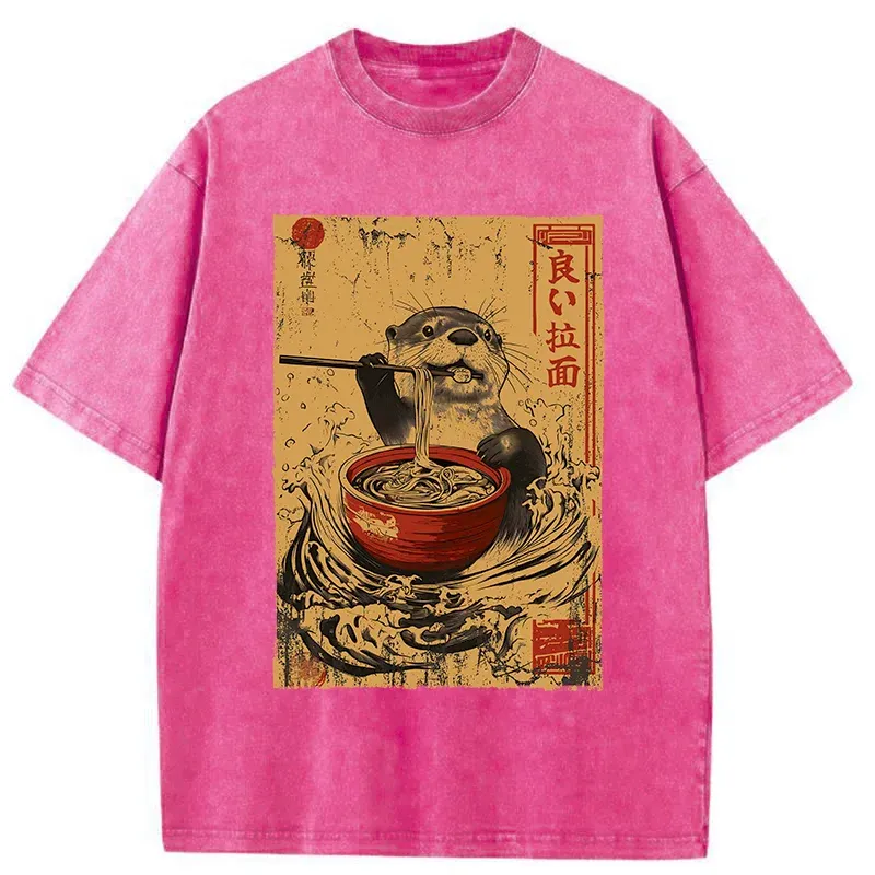 Tokyo-Tiger Otter Eating Ramen Japanese Washed T-Shirt