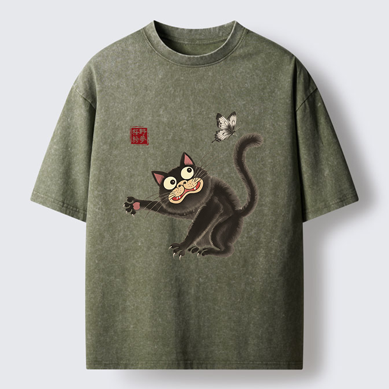 Tokyo-Tiger Cat Catching Butterflies Washed T-Shirt