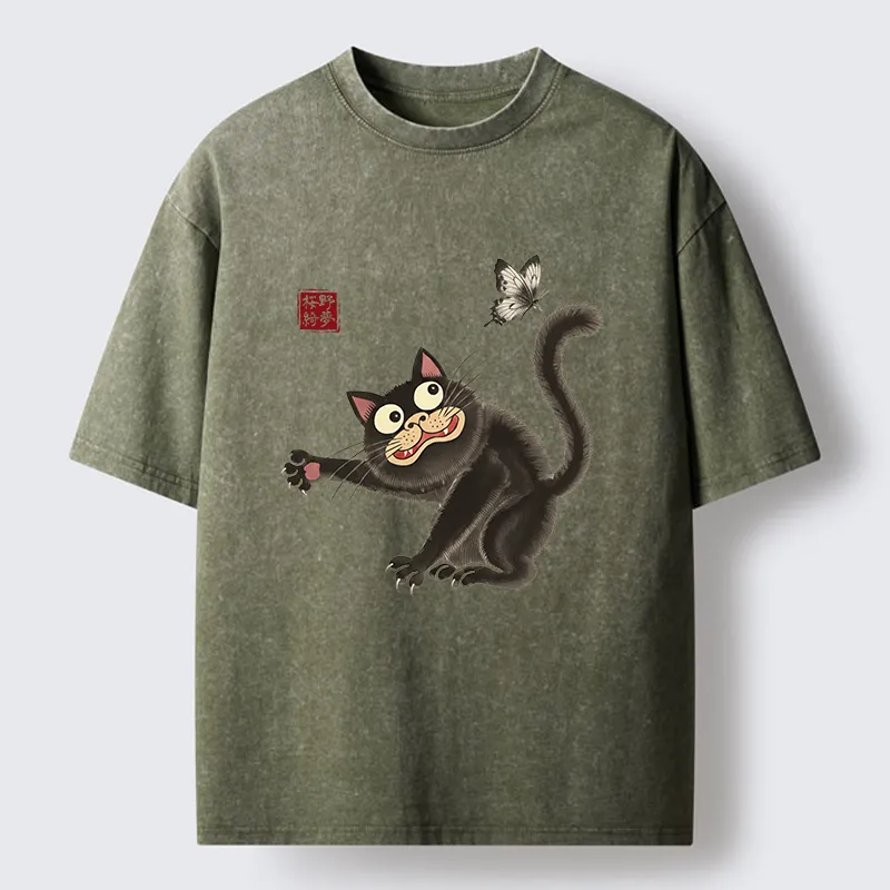 Tokyo-Tiger Cat Catching Butterflies Washed T-Shirt