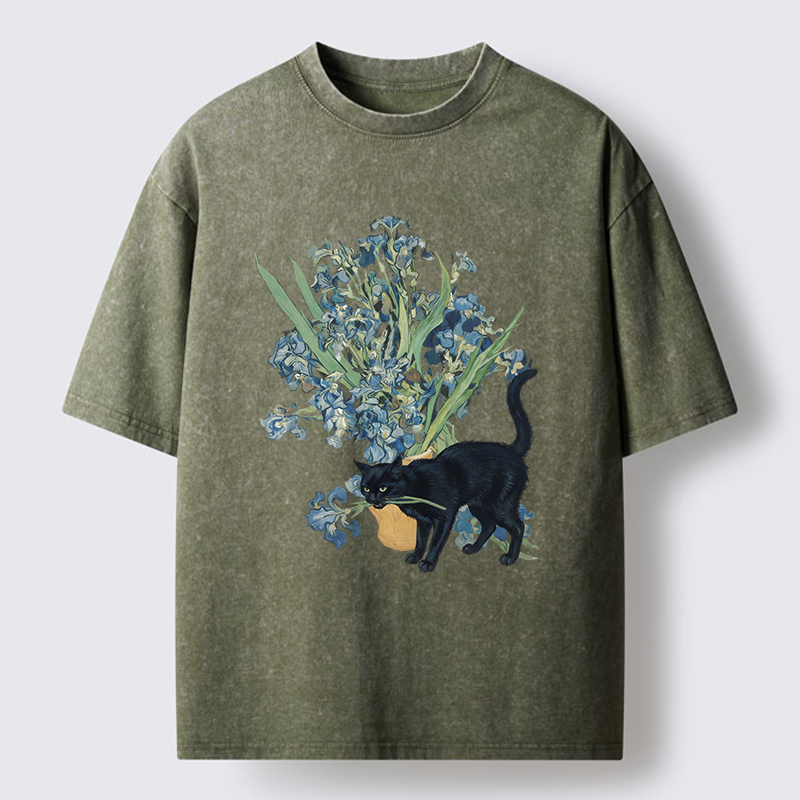 Tokyo-Tiger Black Cat And Orchid Washed T-Shirt