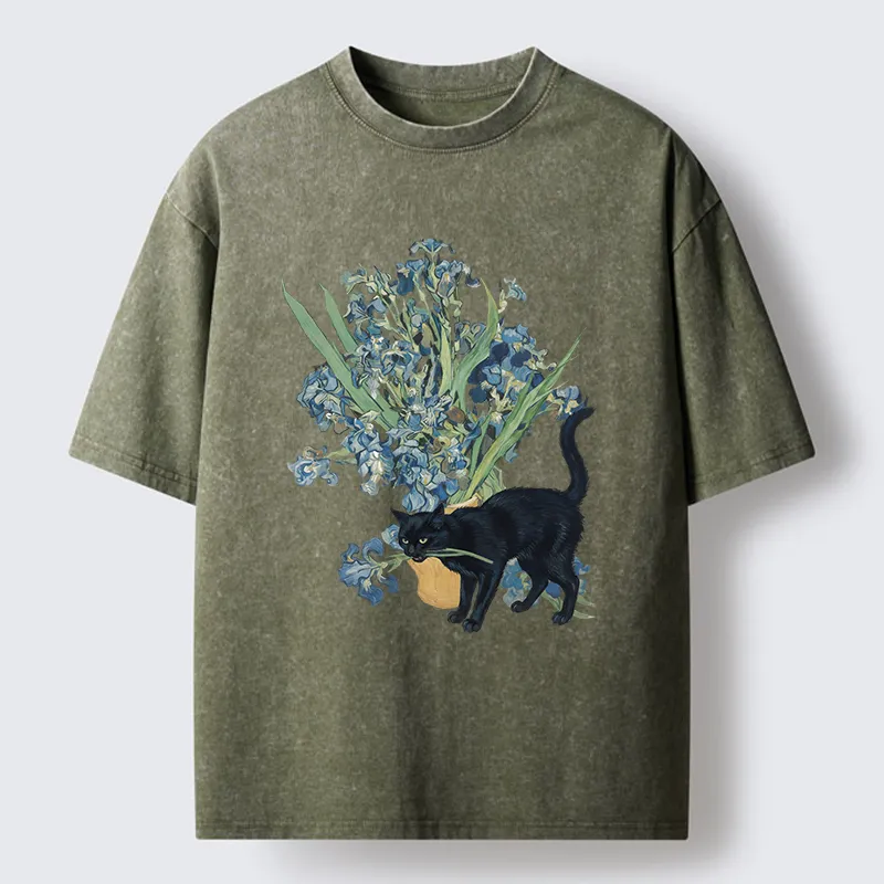 Tokyo-Tiger Black Cat And Orchid Washed T-Shirt