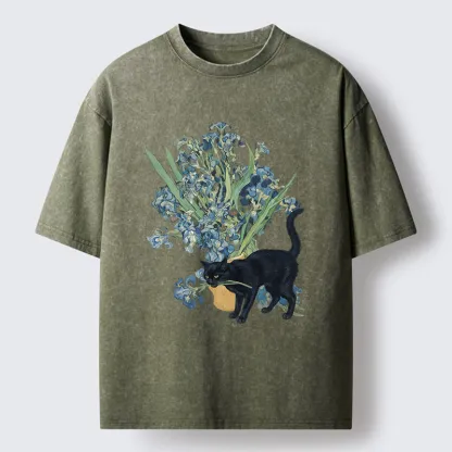 Tokyo-Tiger Black Cat And Orchid Washed T-Shirt