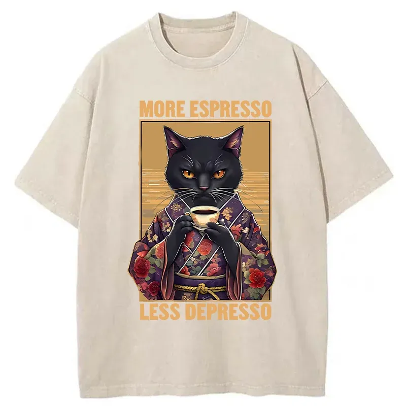 Tokyo-Tiger More Espresso Less Depresso Funny Washed T-Shirt