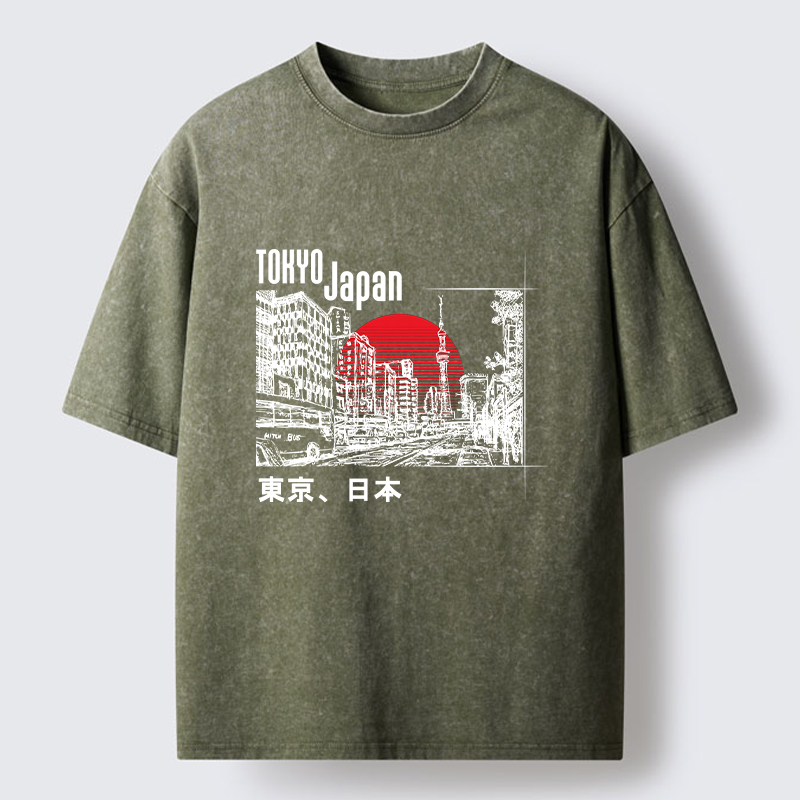 Tokyo-Tiger Bustling Street Scene In Japan Washed T-Shirt
