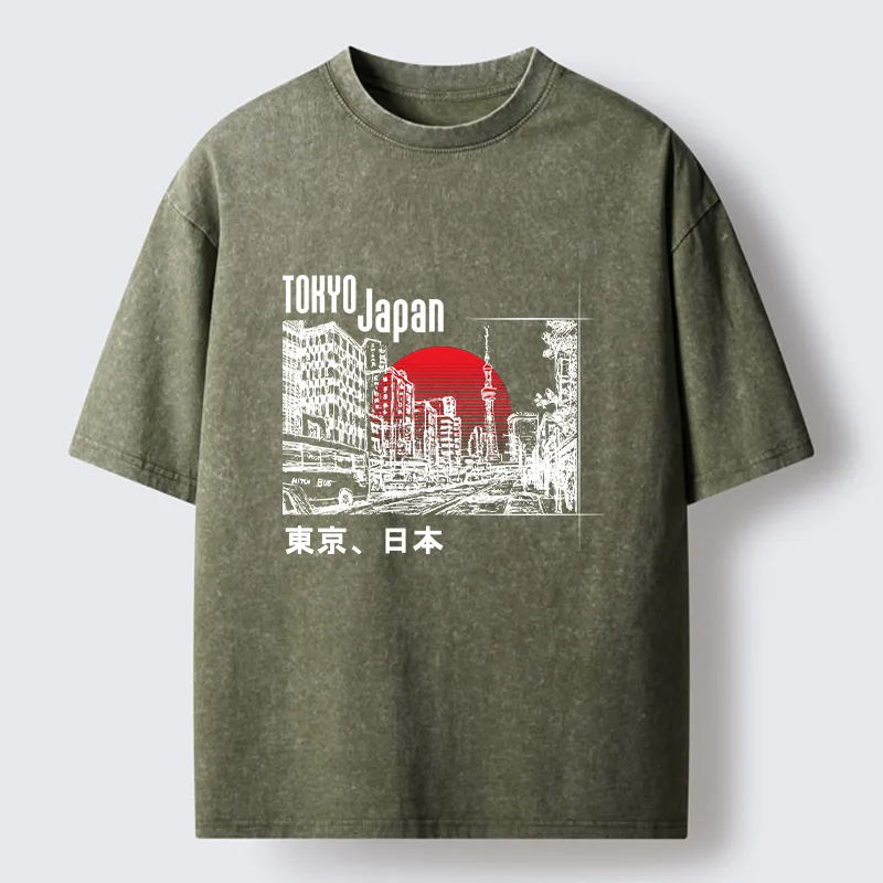 Tokyo-Tiger Bustling Street Scene In Japan Washed T-Shirt