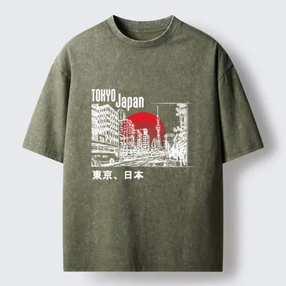 Tokyo-Tiger Bustling Street Scene In Japan Washed T-Shirt