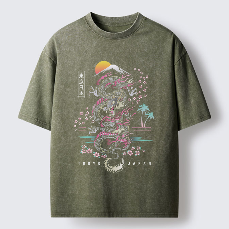Tokyo-Tiger Retro Japanese Dragon Washed T-Shirt