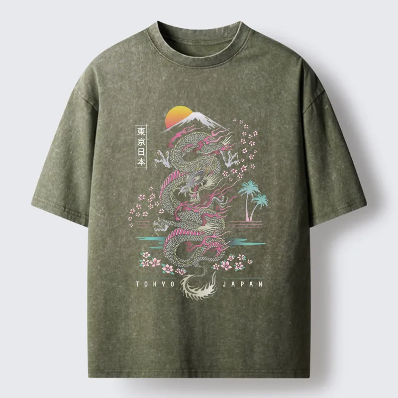 Tokyo-Tiger Retro Japanese Dragon Washed T-Shirt