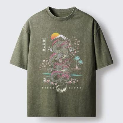 Tokyo-Tiger Retro Japanese Dragon Washed T-Shirt