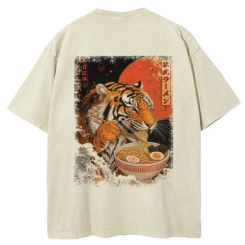 Tokyo-Tiger Ukiyoe Japan Tiger Eating Ramen Back Washed T-Shirt