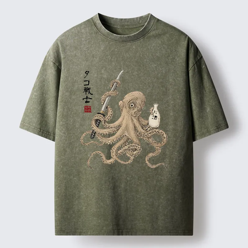 Tokyo-Tiger Octopus Samurai And Sake Washed T-Shirt