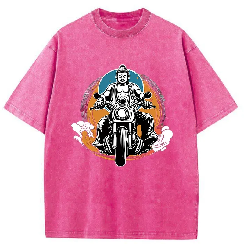 Tokyo-Tiger Buddha Riding A Motorcycle Washed T-Shirt