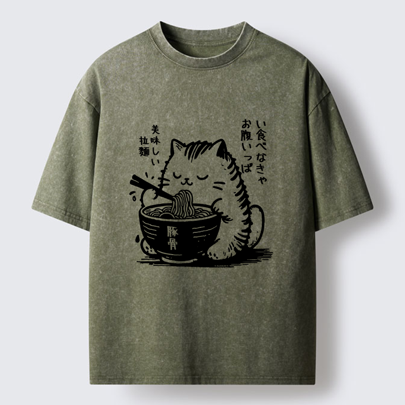 Tokyo-Tiger Cute Cat Eating Ramen Washed T-Shirt