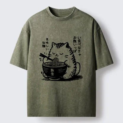 Tokyo-Tiger Cute Cat Eating Ramen Washed T-Shirt