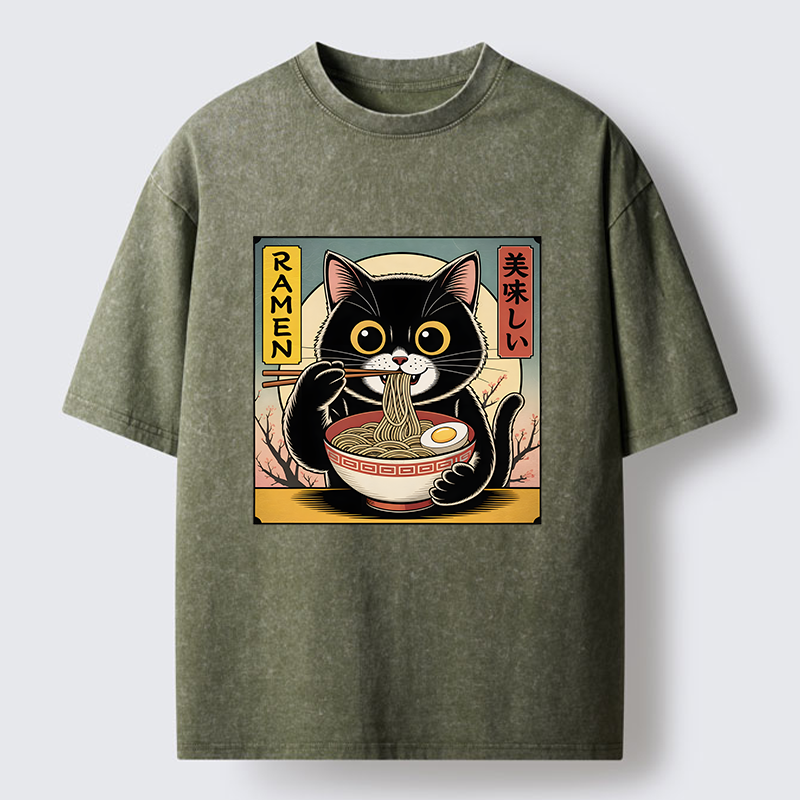 Tokyo-Tiger Black Cat Eats A Big Bowl Of Ramen Funny Washed T-Shirt