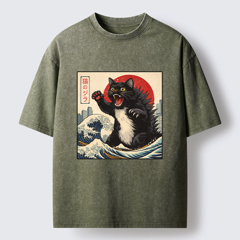 Tokyo-Tiger Black Cat Eats A Big Bowl Of Ramen Funny Washed T-Shirt