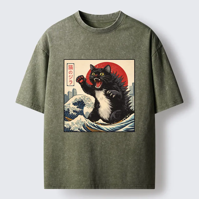 Tokyo-Tiger Black Cat Eats A Big Bowl Of Ramen Funny Washed T-Shirt