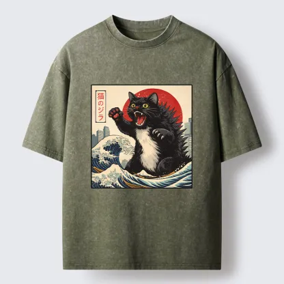 Tokyo-Tiger Black Cat Eats A Big Bowl Of Ramen Funny Washed T-Shirt