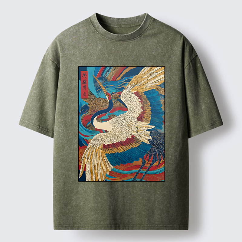 Tokyo-Tiger Retro And Gorgeous Crane Washed T-Shirt