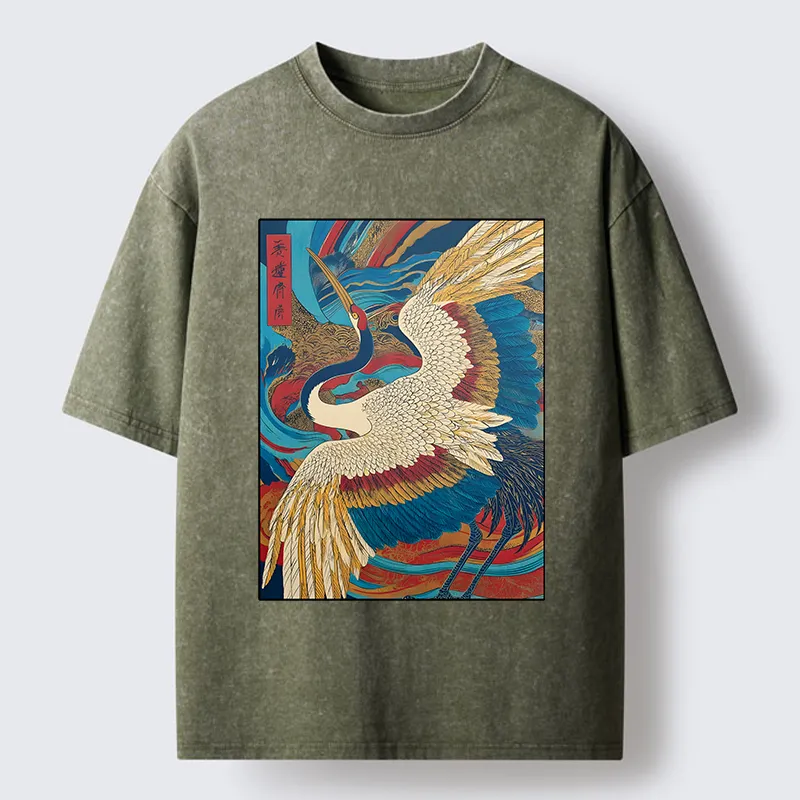 Tokyo-Tiger Retro And Gorgeous Crane Washed T-Shirt