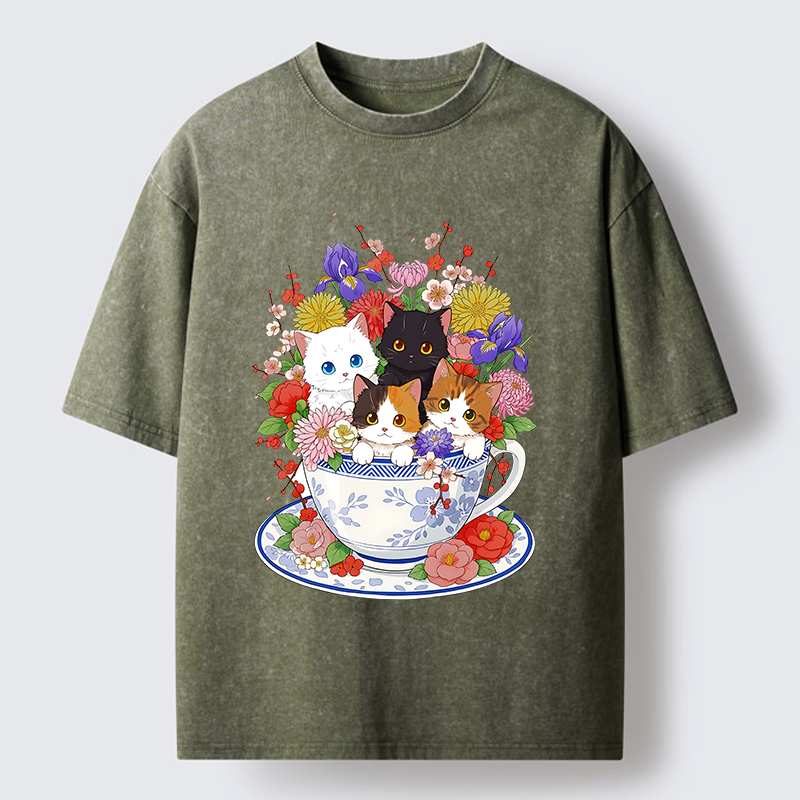 Tokyo-Tiger Four Adorable Kittens Washed T-Shirt