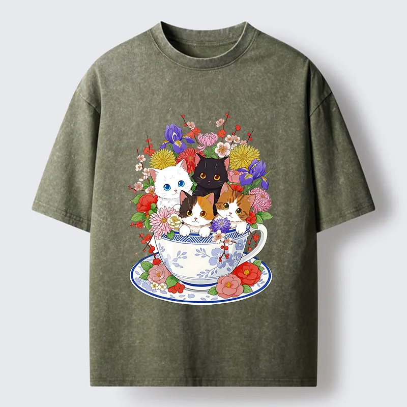 Tokyo-Tiger Four Adorable Kittens Washed T-Shirt