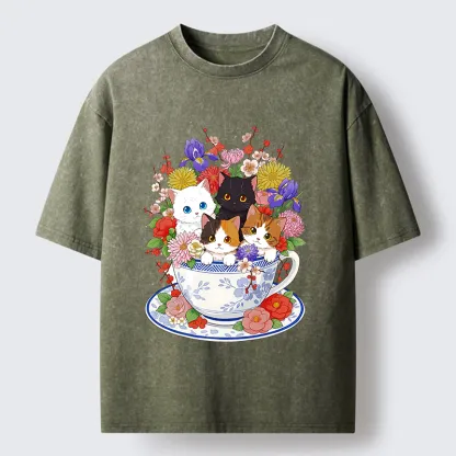 Tokyo-Tiger Four Adorable Kittens Washed T-Shirt
