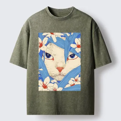 Tokyo-Tiger Cat In The Grass Washed T-Shirt