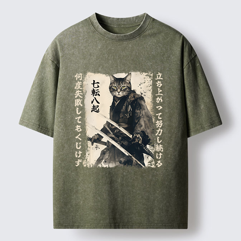 Tokyo-Tiger Samurai Japanese Cat Washed T-Shirt