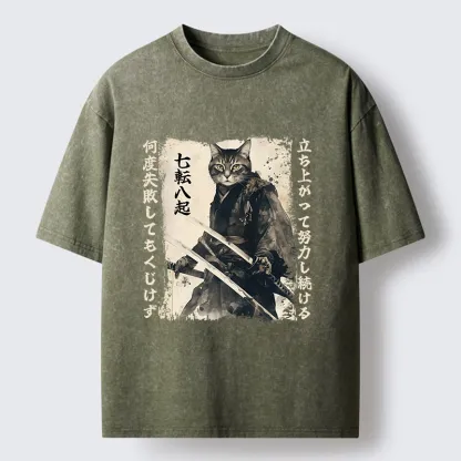 Tokyo-Tiger Samurai Japanese Cat Washed T-Shirt