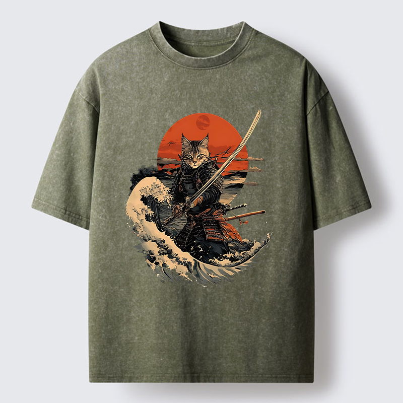 Tokyo-Tiger Handsome Cat Samurai Japanese Washed T-Shirt
