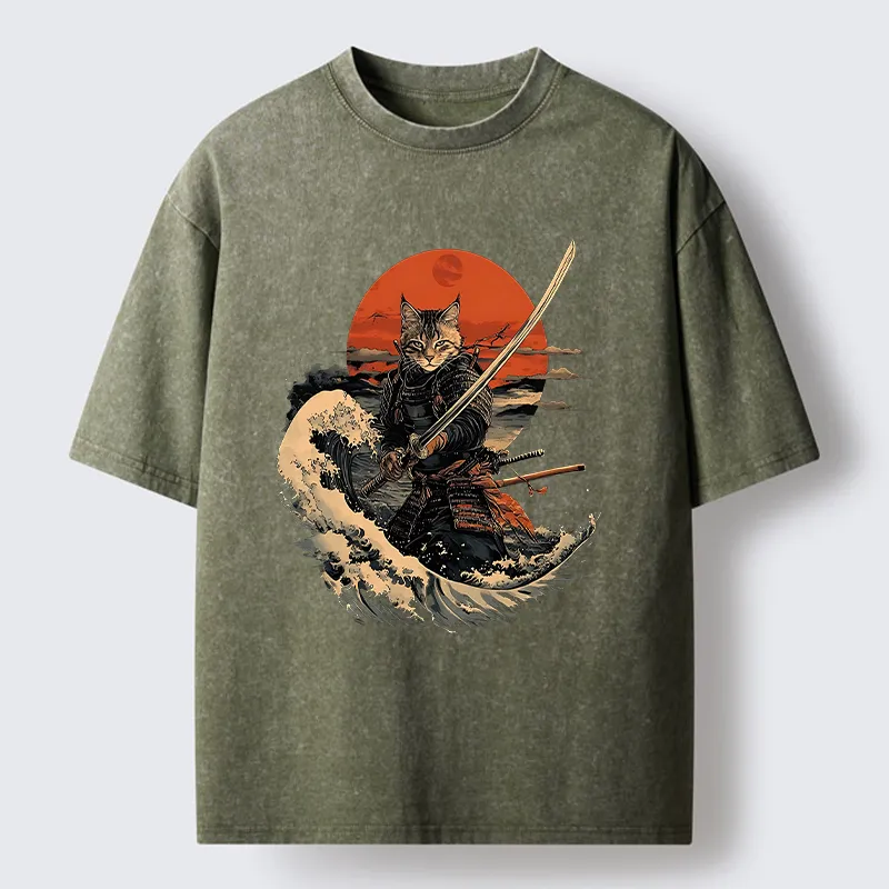Tokyo-Tiger Handsome Cat Samurai Japanese Washed T-Shirt
