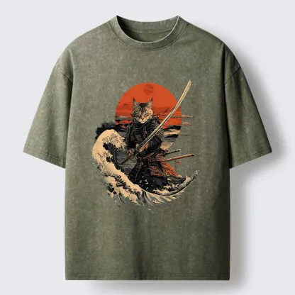 Tokyo-Tiger Handsome Cat Samurai Japanese Washed T-Shirt