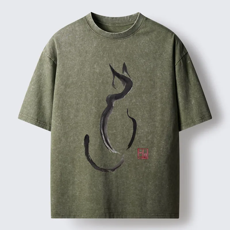 Tokyo-Tiger Minimalist Cat Ink Washed T-Shirt