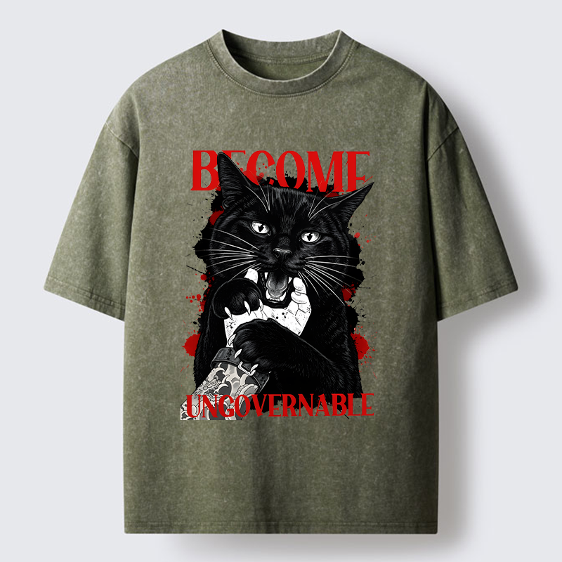 Tokyo-Tiger Biting Black Cat Washed T-Shirt