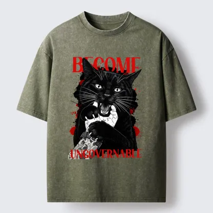 Tokyo-Tiger Biting Black Cat Washed T-Shirt