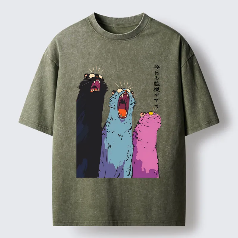 Tokyo-Tiger Howling Cat Washed T-Shirt